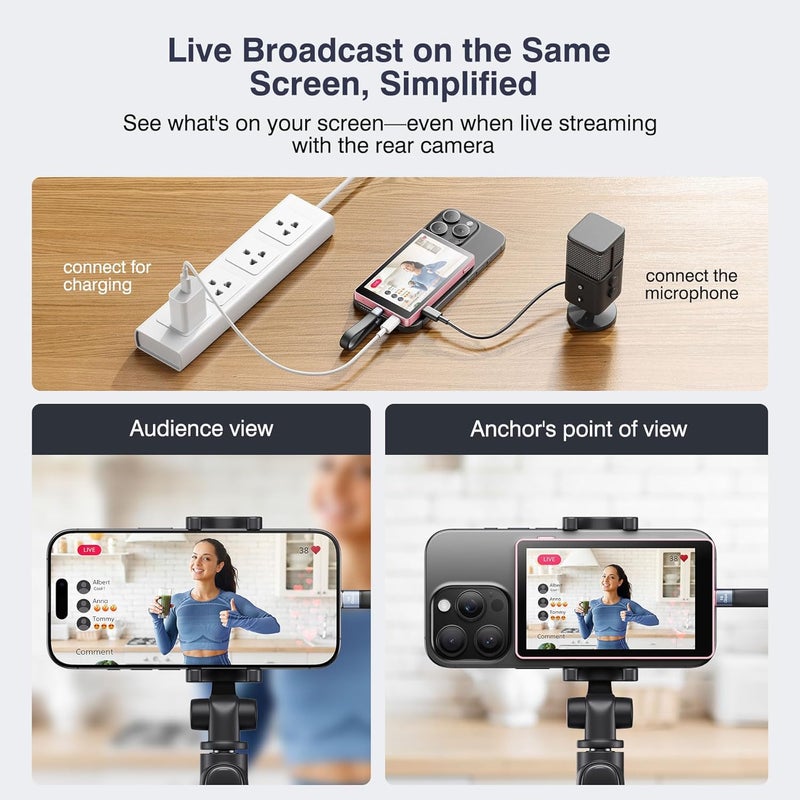 TTQ Vlog Selfie Monitor Screen, Magnetic Phone Vlog Selfie Monitor Screen 4K 60fps Bluetooth Remote, Back Camera Monitor for Vlog Live Stream TikTok, Compatible with iPhone & Android - Pink - Image 4